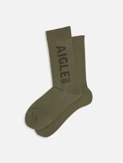 Chaussettes longues en coton brodé fabriquées en France - Kaki