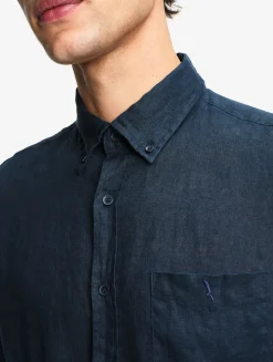 Chemise en lin à manches longues avec poche - Bleu