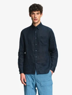 Chemise en lin à manches longues avec poche - Bleu