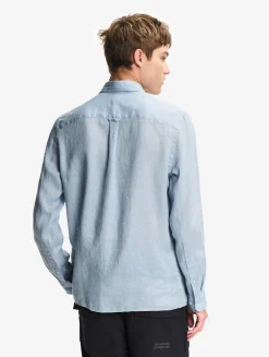 Chemise en lin à manches longues avec poche - Bleu