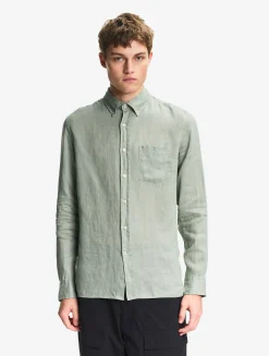 Chemise en lin à manches longues avec poche - Kaki