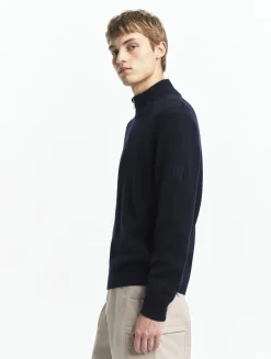Pull à col camionneur avec demi fermeture zippée en laine mélangée - Bleu