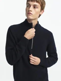 Pull à col camionneur avec demi fermeture zippée en laine mélangée - Bleu