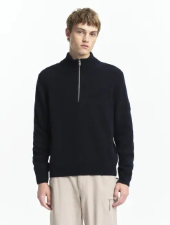 Pull à col camionneur avec demi fermeture zippée en laine mélangée - Bleu