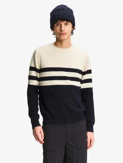 Pull marin rayé en laine et coton - Bleu