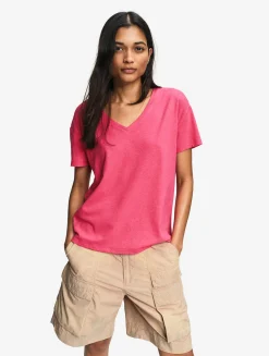 Tee-shirt à col en V en coton lin - Rose