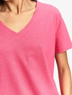Tee-shirt à col en V en coton lin - Rose