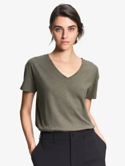 T-shirt col V en coton et lin - Kaki
